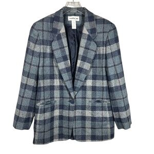 STUDIO 32 Vintage Women's 14 Denim Blues Plaid Wool Blend Blazer